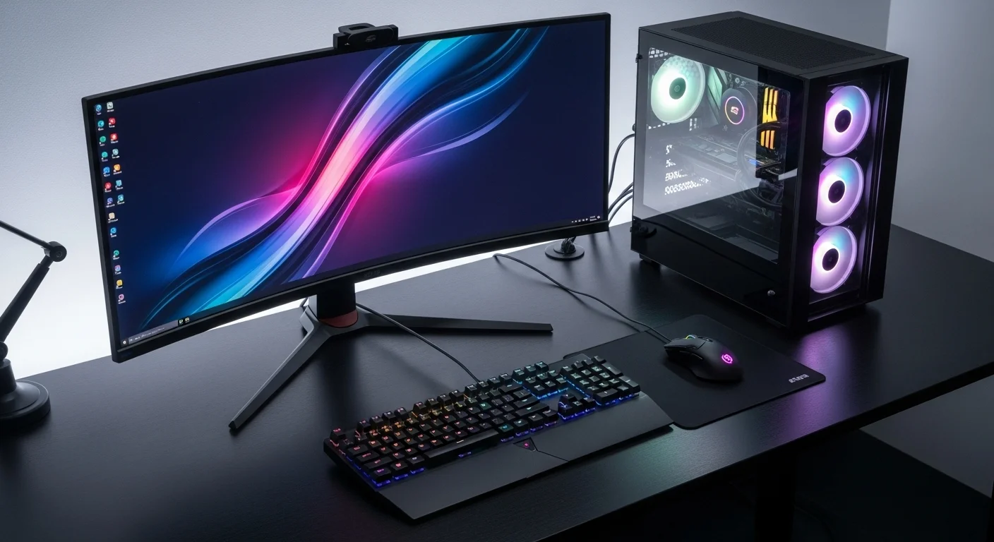 Un setup completo de computadora para gaming y trabajo, incluyendo monitor, teclado y mouse, factores clave en el precio final.