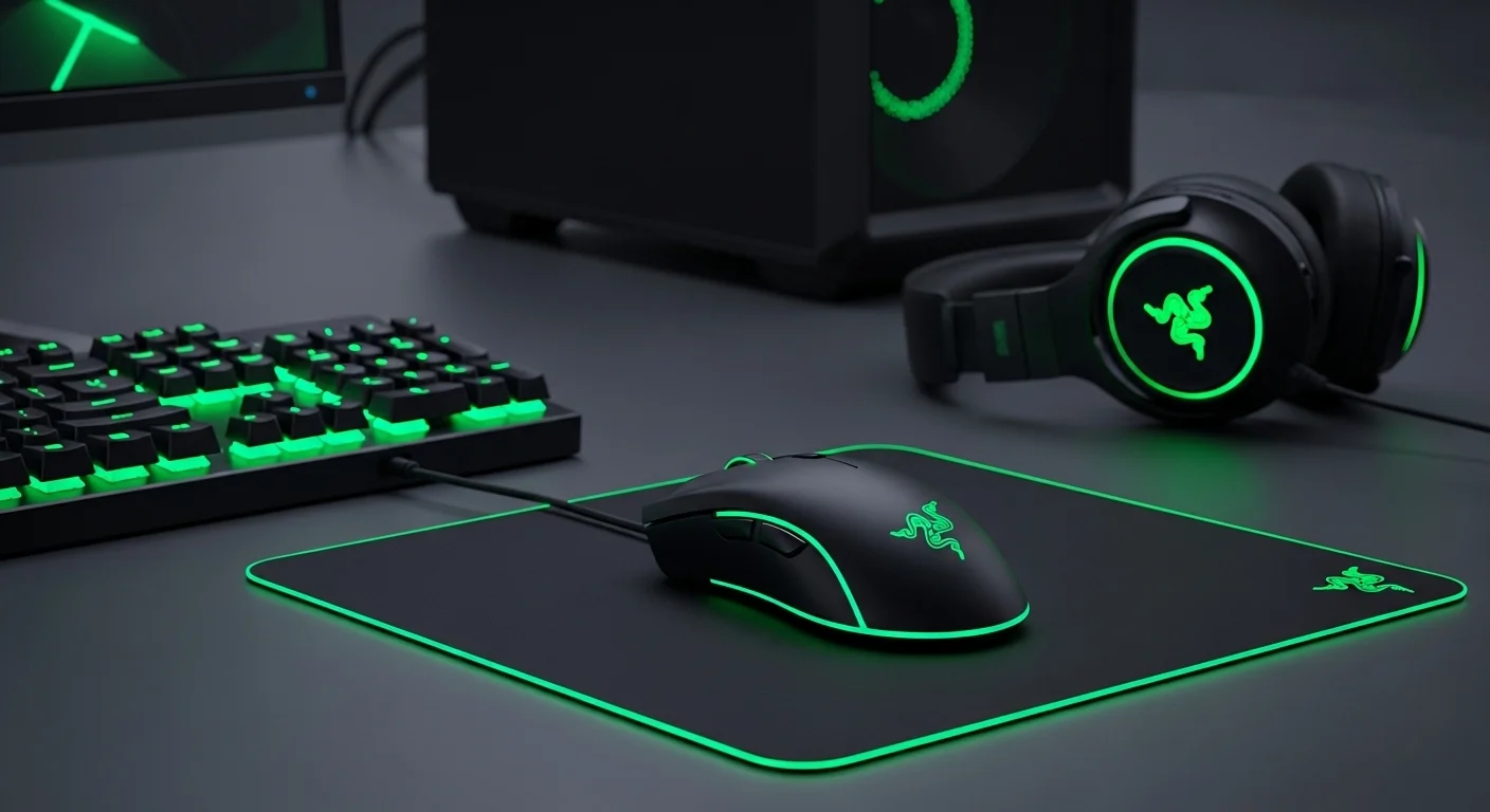 Escritorio de computadora completo con teclado, audífonos y un mouse Razer sobre un mouse pad Razer, todo sincronizado con luces verdes.