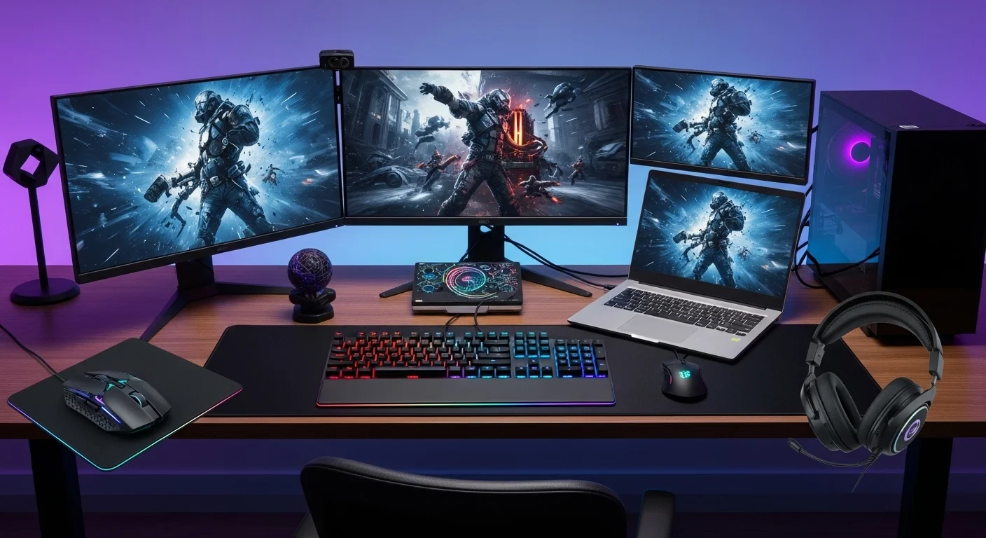 Un escritorio con múltiples pantallas gamer, una laptop, y varios accesorios tecnológicos, representando la versatilidad de las computadoras modernas