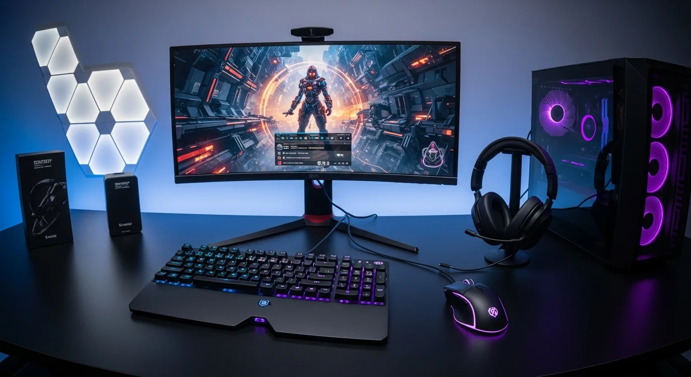 Imagen de un setup de computadora gamer completa con monitor, teclado mecánico, ratón y auriculares, mostrando el ecosistema de un jugador.