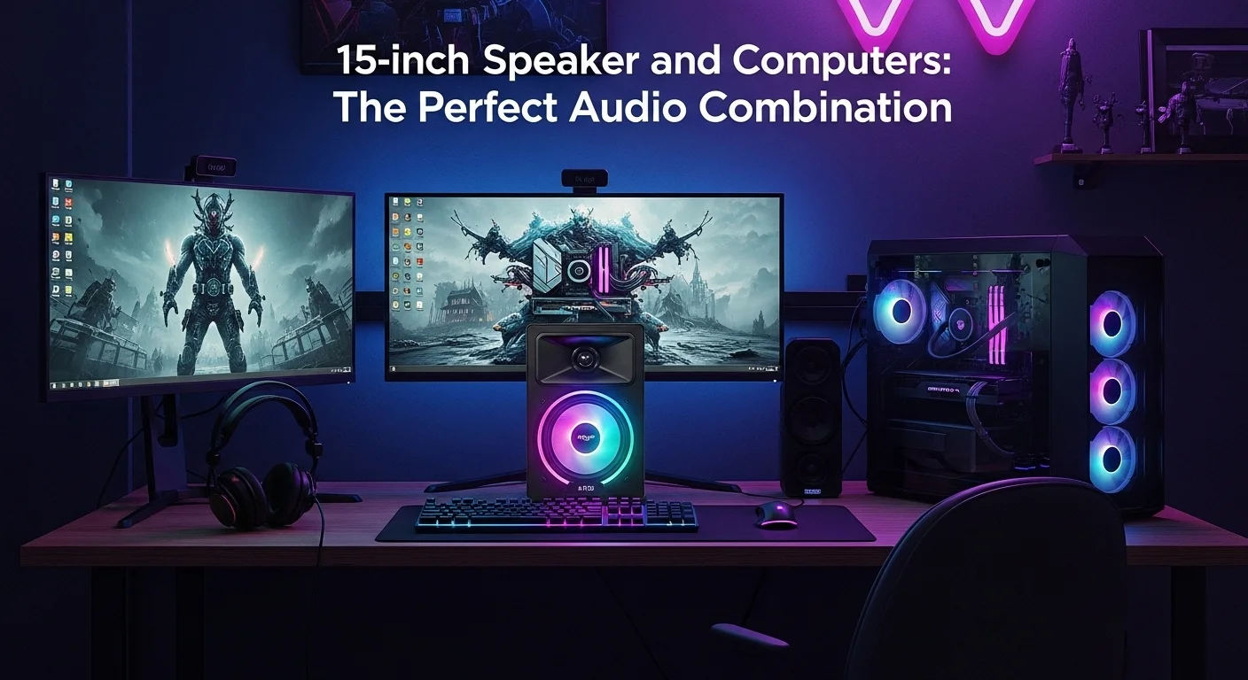 Escritorio de un gamer con una potente computadora, múltiples monitores y un bafle amplificado de 15 pulgadas iluminado con LEDs, demostrando su uso en entretenimiento.