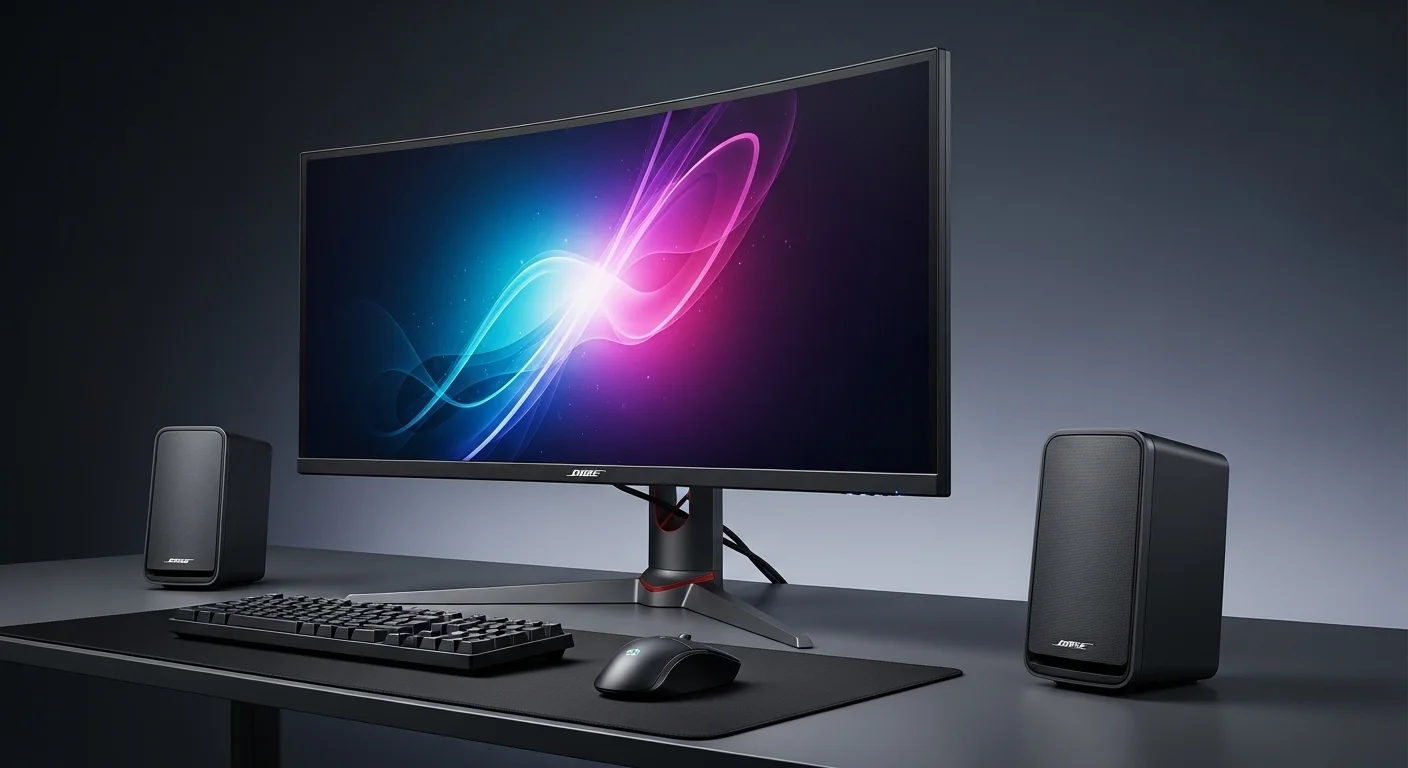 Setup de gaming con un monitor curvo iluminado y bafles Bose Companion, mostrando una configuración de audio premium para computadoras