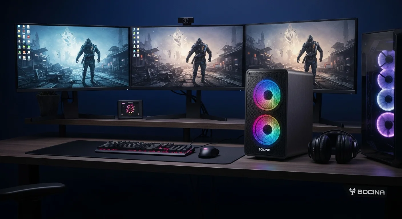 Escritorio de un gamer con un potente setup de múltiples monitores, complementado con una Bocina Fussion 8 con luces LED, mejorando la inmersión.