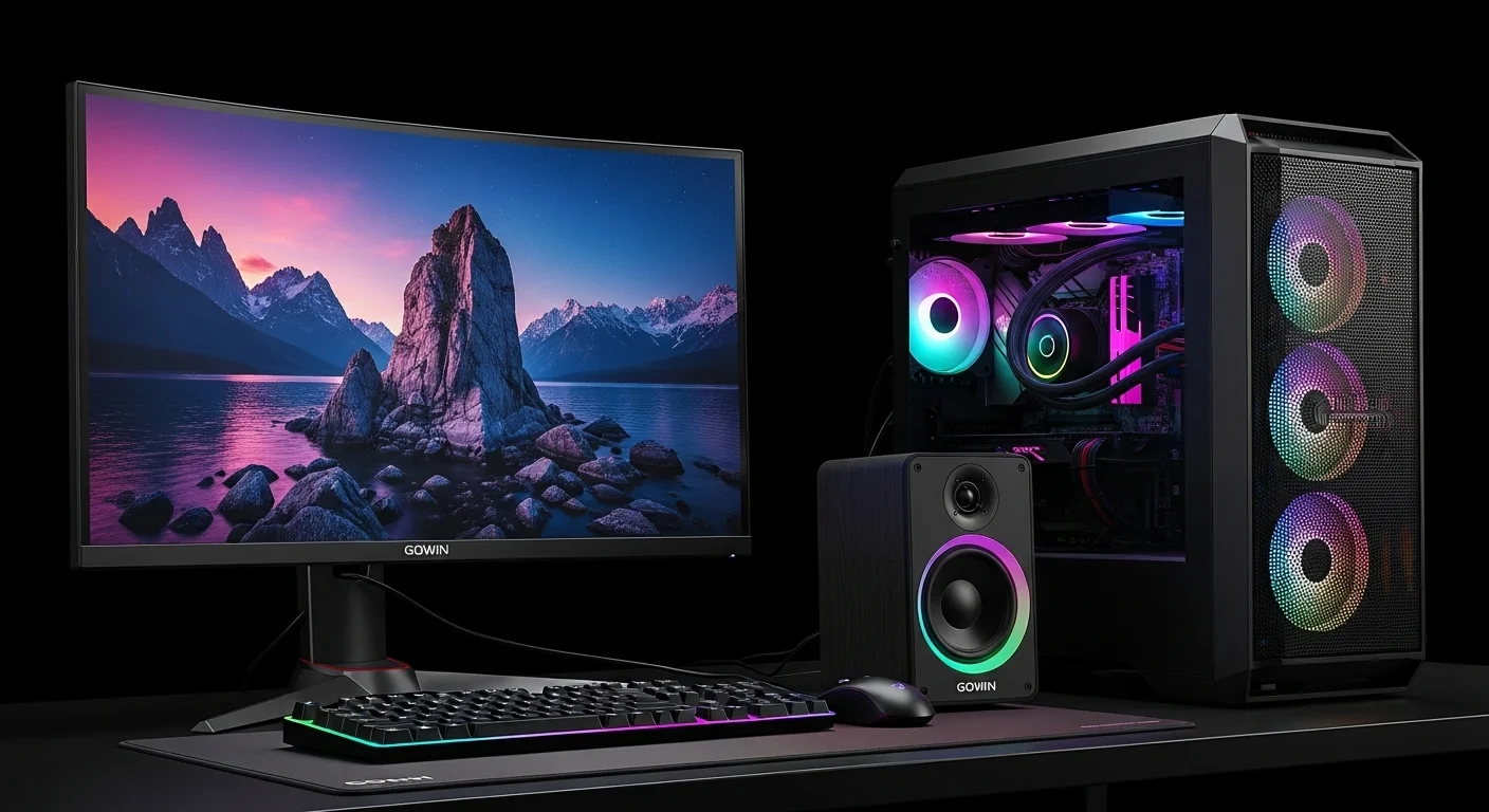 Un setup de gaming iluminado con luces RGB, donde una bocina Gowin de 12 pulgadas destaca junto a un monitor curvo y una computadora de alto rendimiento.