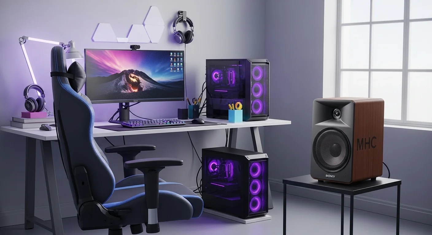 Setup de oficina y gaming con una bocina Sony MHC para una experiencia de audio inmersiva.