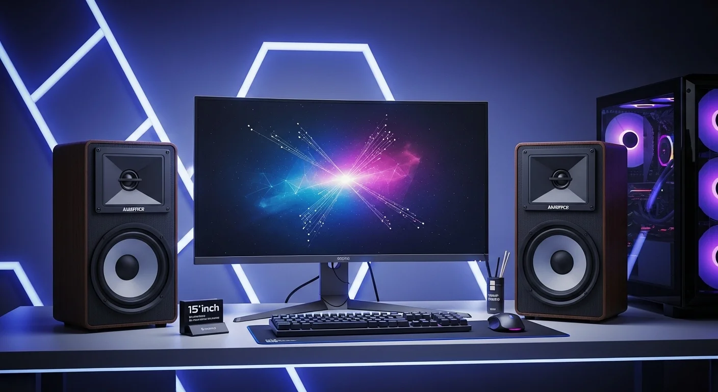 Un setup de gaming con un monitor curvo y dos bocinas amplificadas 15 pulgadas a los lados, mostrando un entorno de entretenimiento inmersivo.