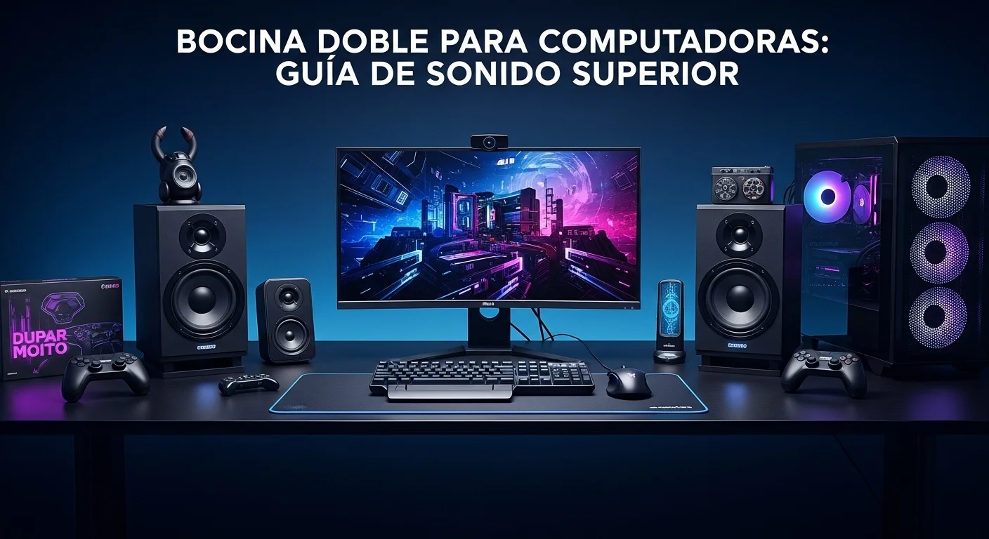 Impresionante setup de computadoras para gaming con dos grandes bocinas dobles de 15 pulgadas a los lados del escritorio, mostrando un sistema de audio potente