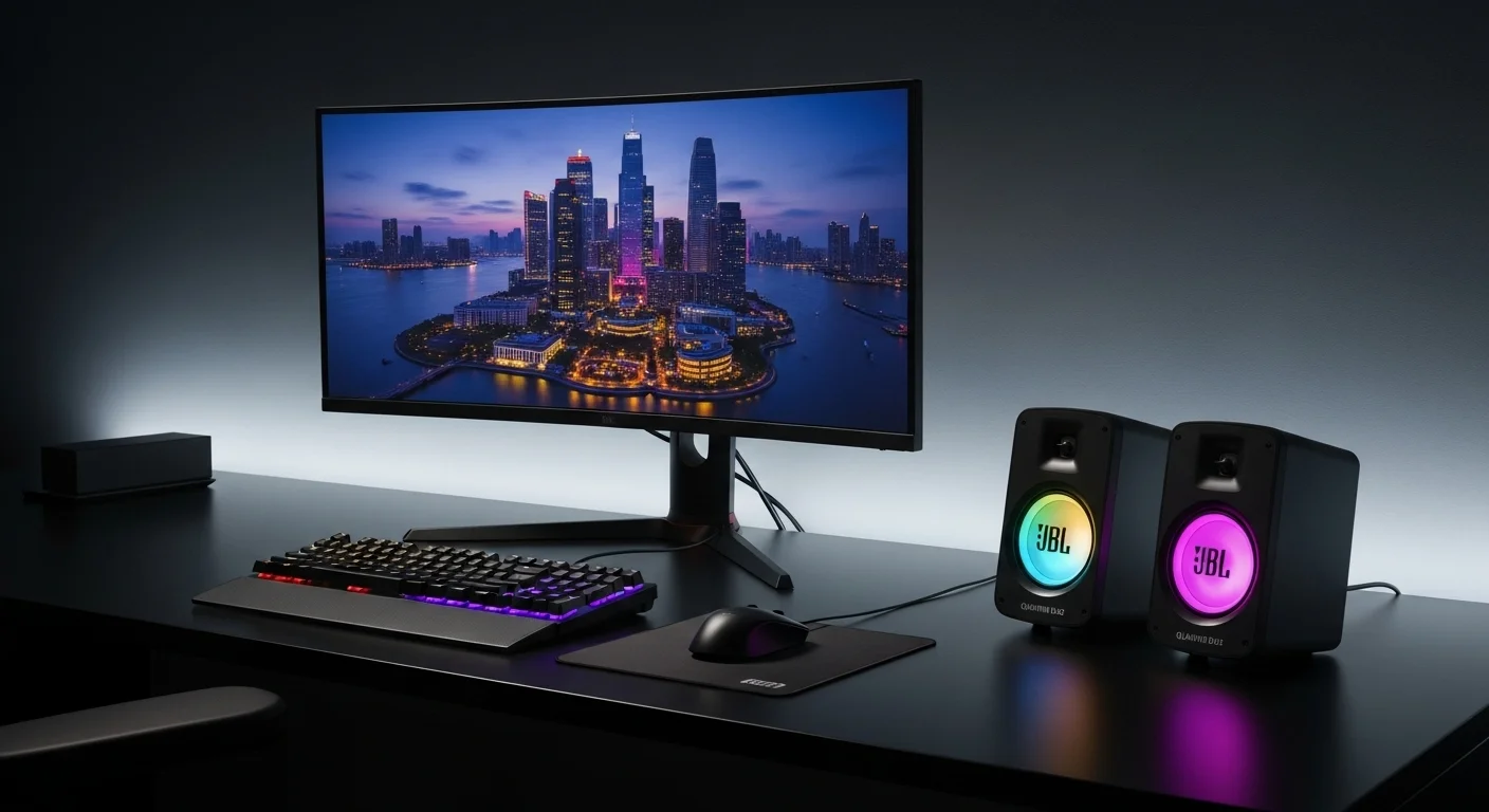 Escritorio de gaming con monitor curvo, teclado RGB y dos bocinas JBL Quantum Duo iluminadas, mostrando una opción prémium de bocinas jbl precio para computadoras.