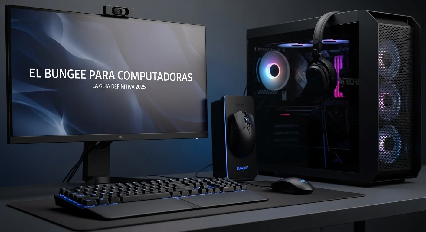 Un setup completo de computadora para gaming con teclado, monitor y un mouse bungee Razer organizando el espacio de juego.