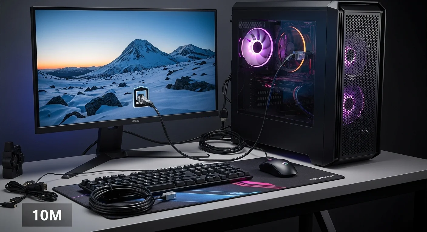Estación de juegos de computadora profesional que utiliza un cable de red de 10 metros para una conexión a internet estable y un cable HDMI largo para el monitor.