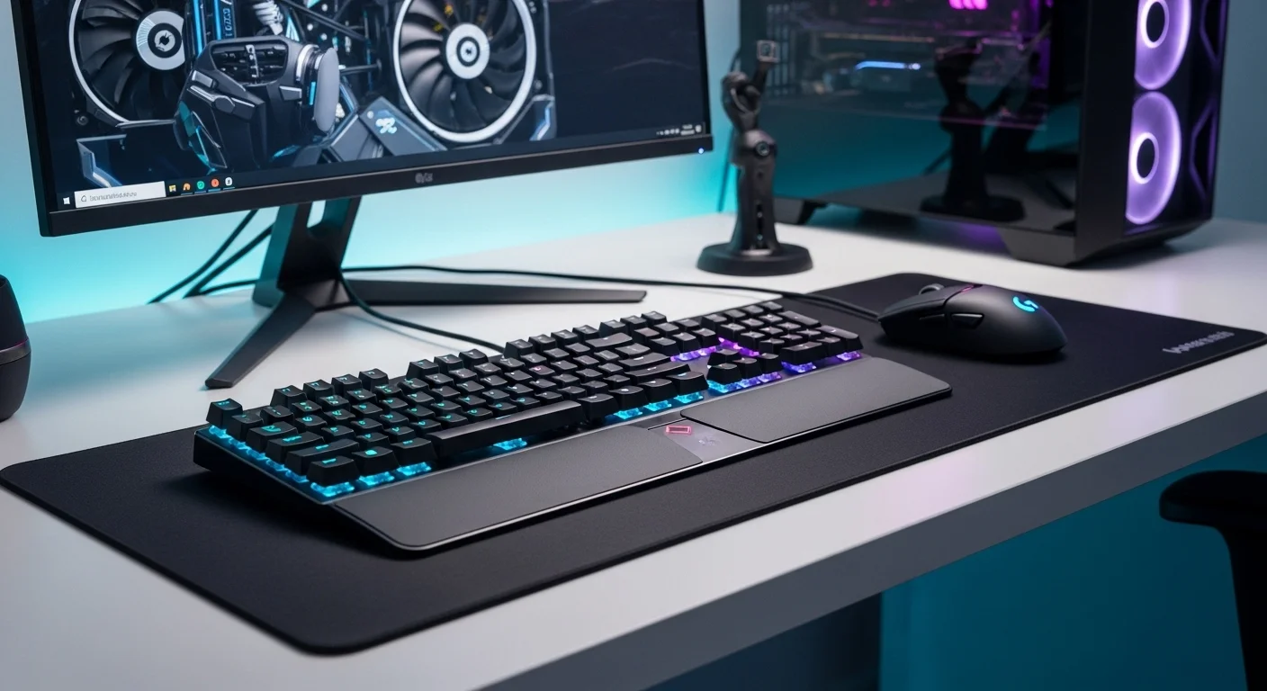 Escritorio de un gamer profesional con un setup de computadoras completo, destacando el mouse inalámbrico Logitech G502 X Plus y un teclado iluminado.