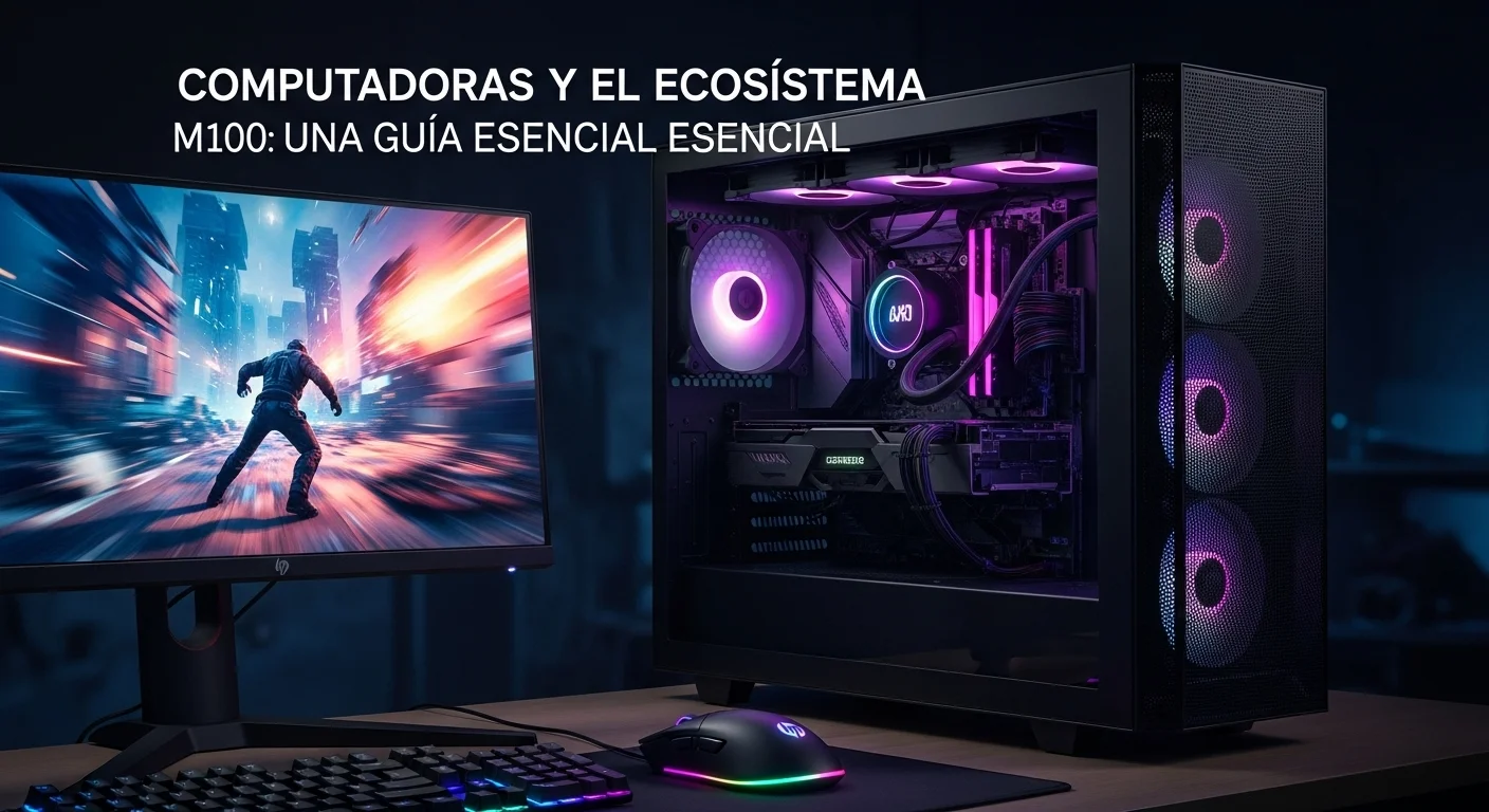 Escritorio de un gamer con una computadora iluminada, un monitor de alta velocidad y un mouse para juegos HP M100 con luces de colores.