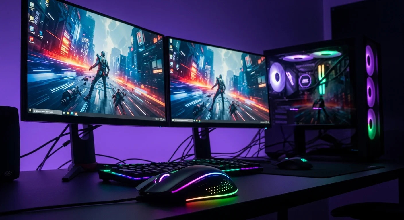 Escritorio de un gamer profesional con computadoras potentes y un mouse pc con iluminación RGB en primer plano.