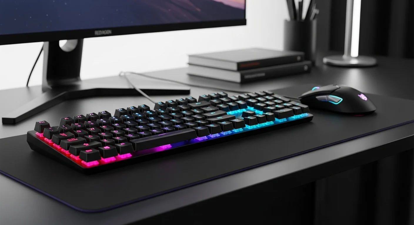 Escritorio de computadora enfocado en gaming con teclado mecánico y el mouse Redragon M601 RGB, ambos con iluminación de colores sincronizada, mostrando un ambiente de juego inmersivo.