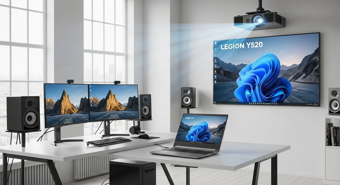 Un setup de oficina y gaming con una computadora Lenovo Y520 conectada a un monitor externo, un proyector y bocinas, mostrando su versatilidad.