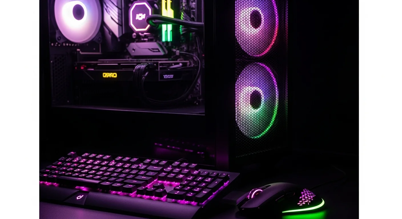 Primer plano de un setup para una pc gamer barata, con teclado y mouse iluminados y una torre de PC económica.