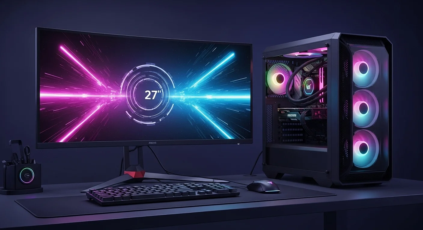 Escritorio de un gamer con una computadora potente y una pantalla curva de 27 pulgadas iluminada con luces LED RGB.