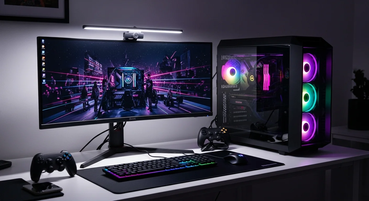 Escritorio pc gamer completo con iluminación RGB, monitor ultrawide y periféricos de alta gama.