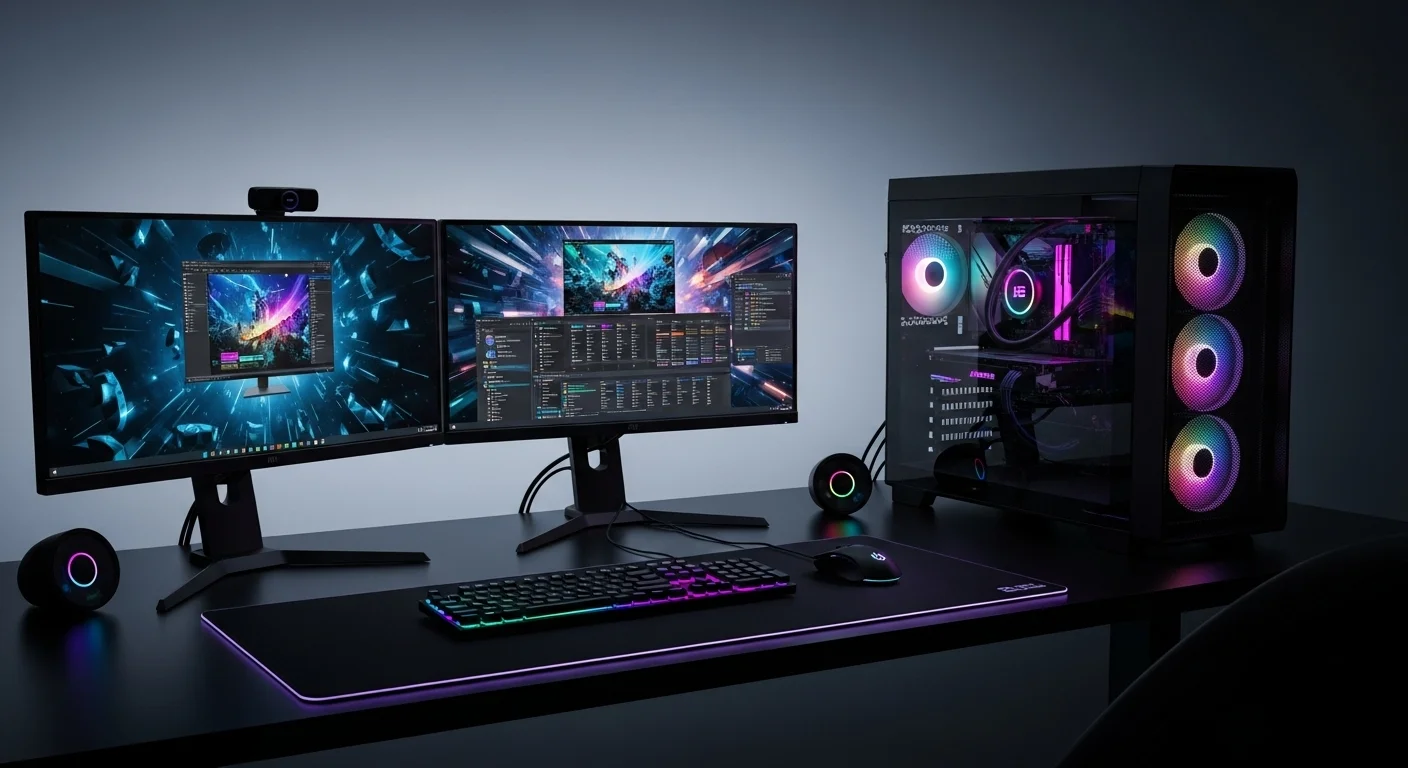 Escritorio de un gamer con una pc i5 iluminada con luces RGB y múltiples monitores de alta tasa de refresco.