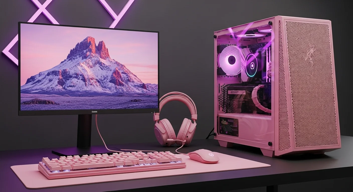 Un escritorio de gaming completo con un pc gamer rosa, teclado, ratón y auriculares a juego, mostrando la tendencia de personalización.