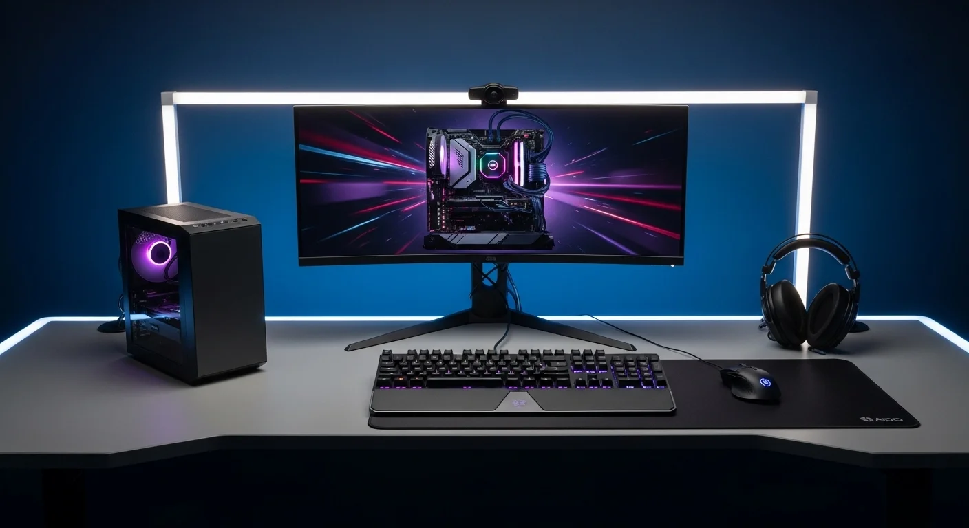 Escritorio de gaming con un micro pc gaming, monitor ultrawide, teclado mecánico y ratón ergonómico, representando un setup ideal para 2025.