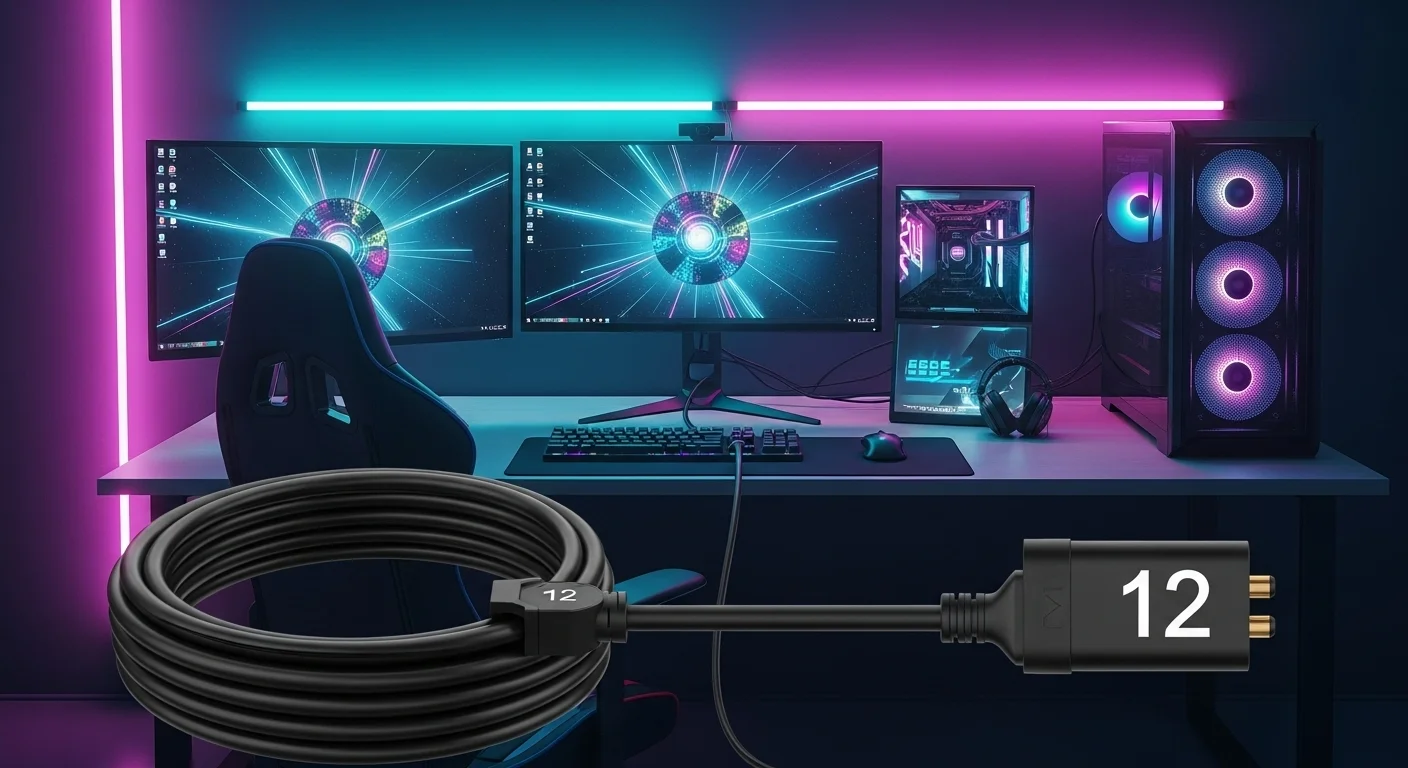 Moderno setup de gaming con una potente computadora, múltiples monitores y luces de neón, dependiente de una conexión eléctrica estable soportada por un cable electrico numero 12