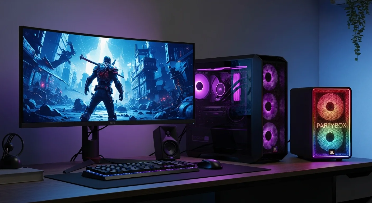Un setup de gaming con un monitor curvo, una computadora potente y una bocina JBL PartyBox 310 iluminando la habitación.
