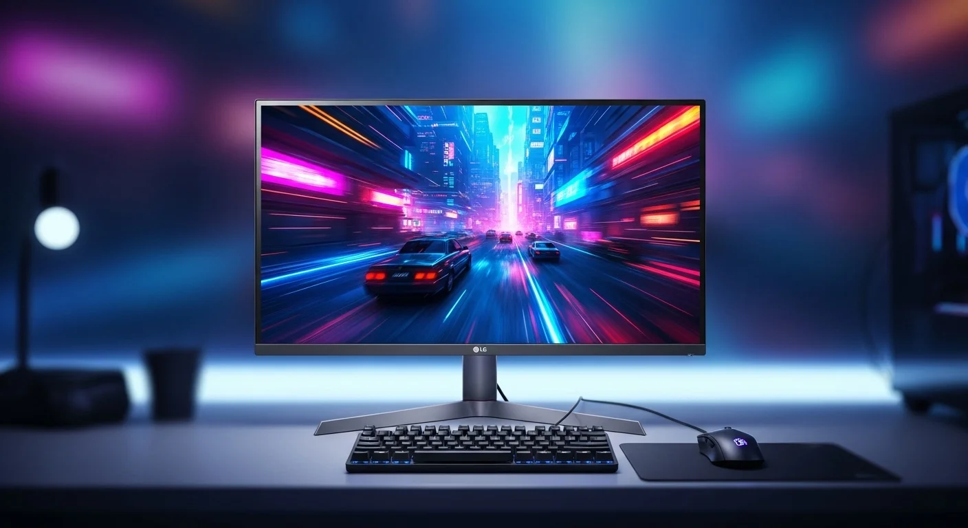 Un setup de gaming iluminado con un monitor LG 27 4K mostrando una escena de un videojuego con colores vibrantes y alta resolución.