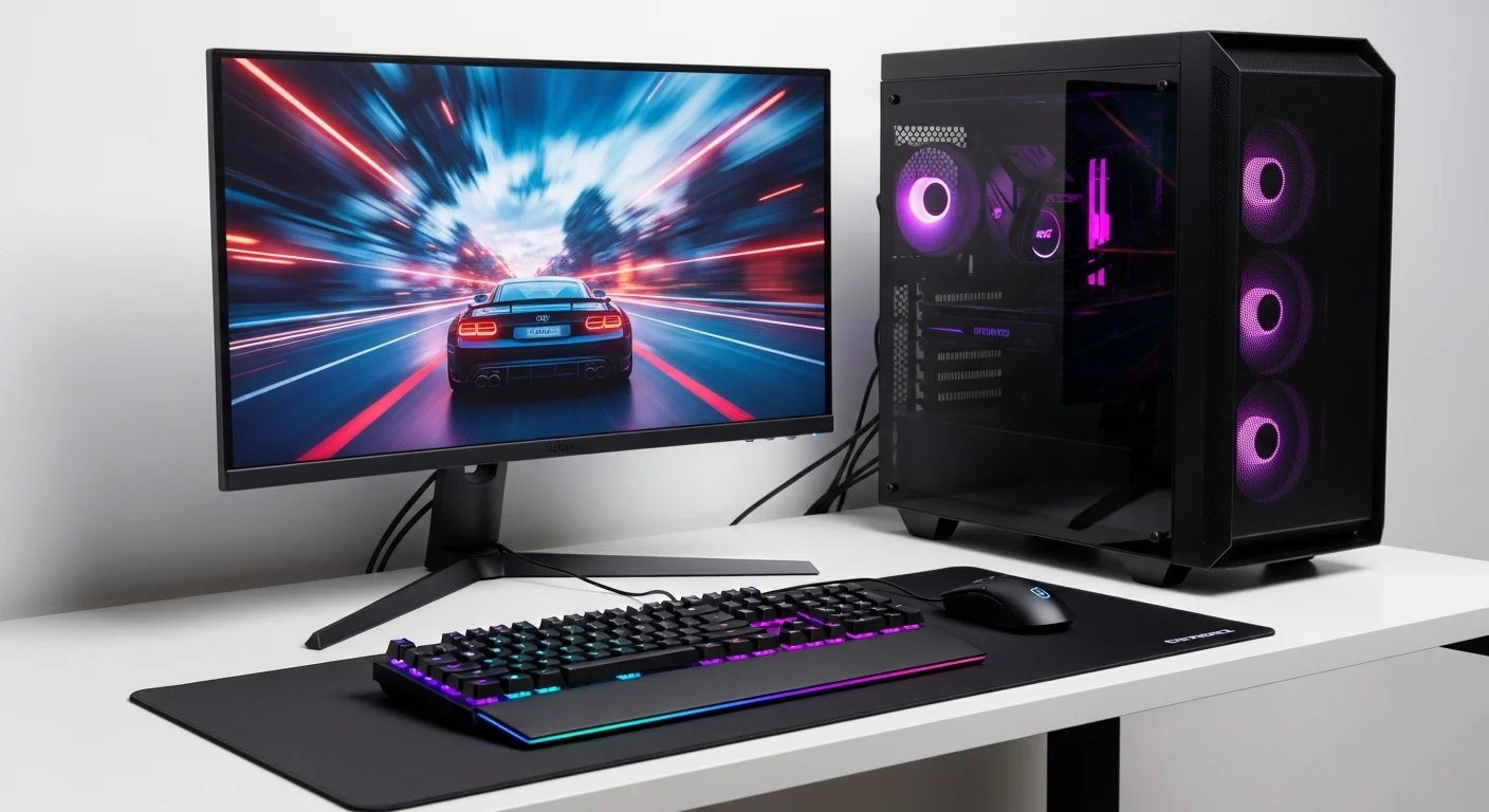 Un setup de gaming completo con un mouse computadora con iluminación RGB, teclado mecánico y monitor de alta frecuencia de actualización