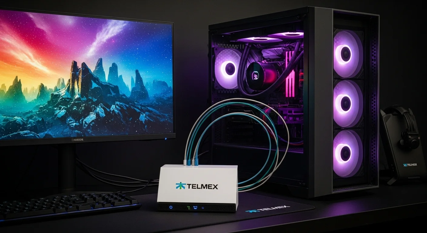 Un setup de gaming iluminado con una computadora potente, mostrando una conexión estable y rápida gracias a la Fibra Optica Telmex.