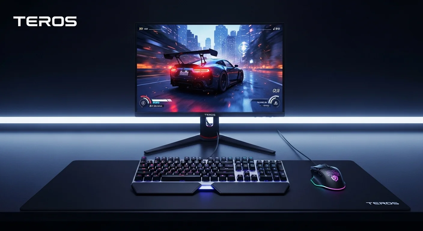 Un setup de gaming completo con un monitor Teros de 27 pulgadas mostrando un videojuego y un teclado y mouse RGB.