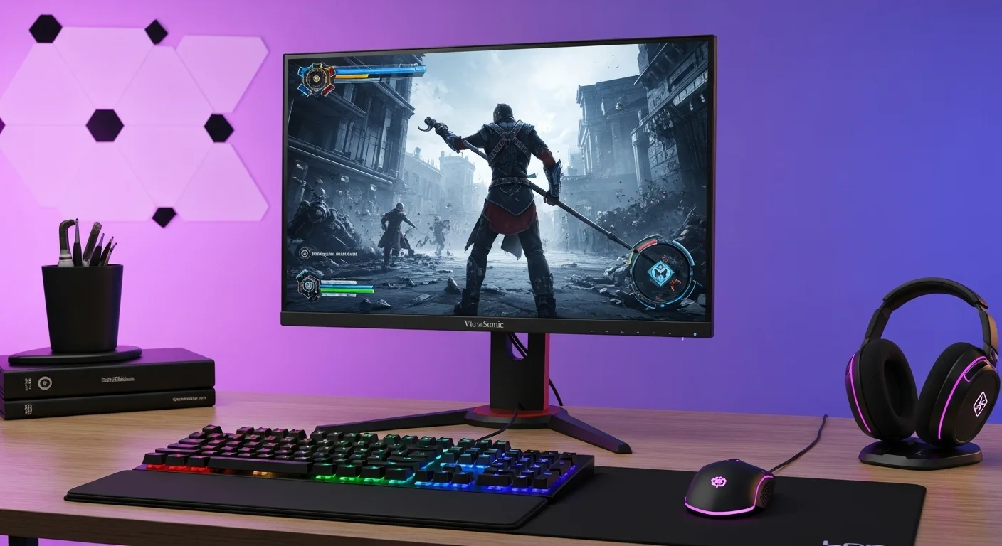 Escritorio de un gamer con el monitor ViewSonic VX2418-P-MHD mostrando un videojuego de acción, con teclado y mouse RGB iluminados.
