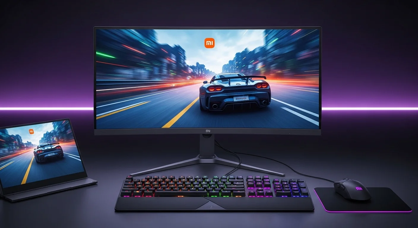 Un setup gaming con un monitor curvo Xiaomi Mi 34 mostrando un videojuego, con un teclado y ratón iluminados, reflejando el poder de las computadoras Xiaomi.