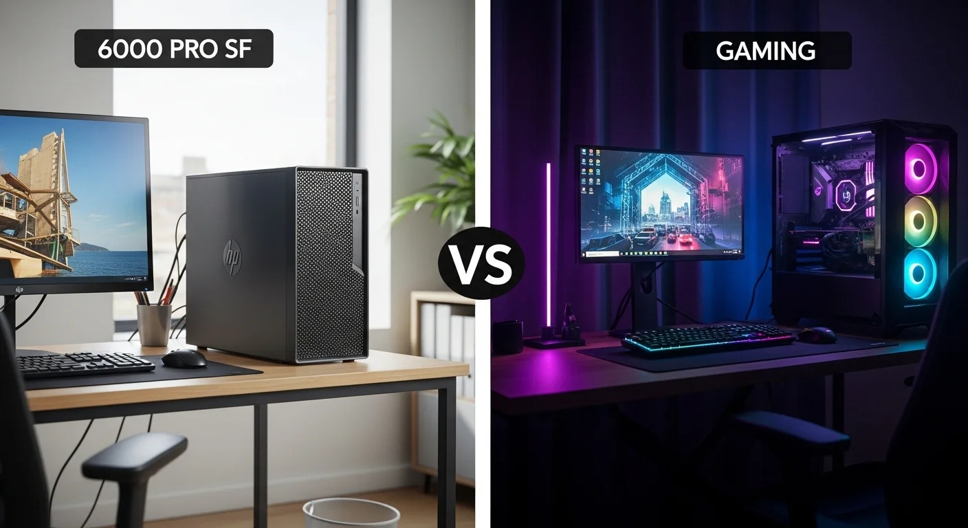 Comparativa visual de un escritorio de oficina con una HP 6000 Pro SFF y un moderno setup gamer con iluminación LED.