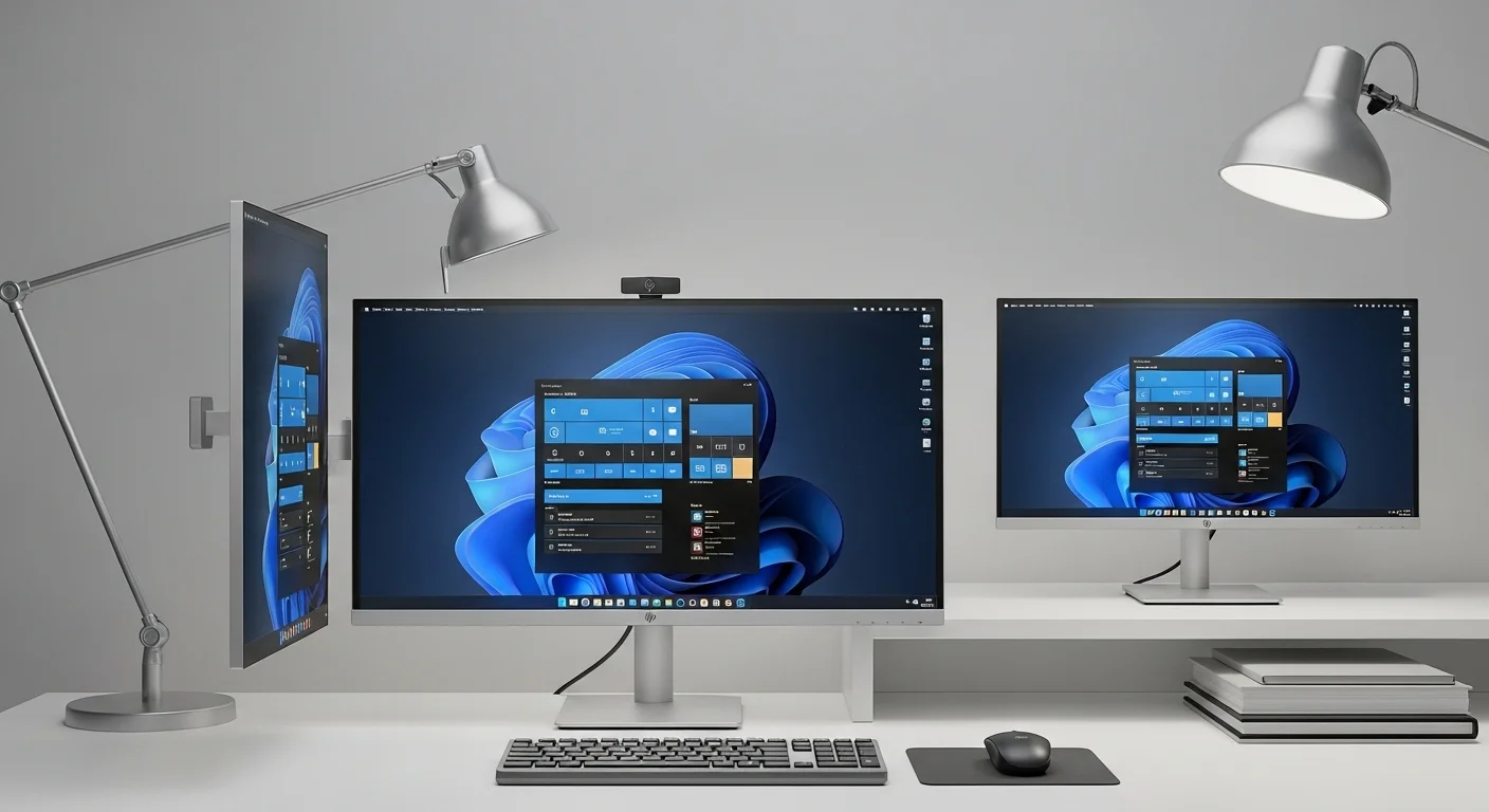 Configuración de dos monitores HP E232, uno en modo vertical, para máxima productividad en computadoras de trabajo.