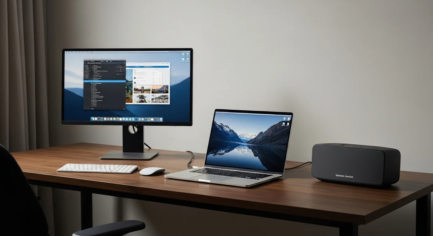 Un escritorio de oficina profesional con una laptop, un monitor externo y una bocina Harman Kardon Onyx Studio, optimizando el espacio de trabajo con audio de alta calidad.