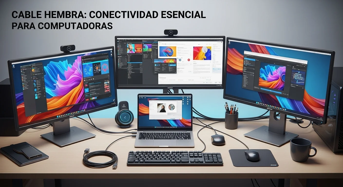 Un moderno setup de oficina con múltiples monitores, una laptop, y periféricos, donde se aprecia la gestión de cables y el uso de un cable macho hembra para organizar las conexiones.
