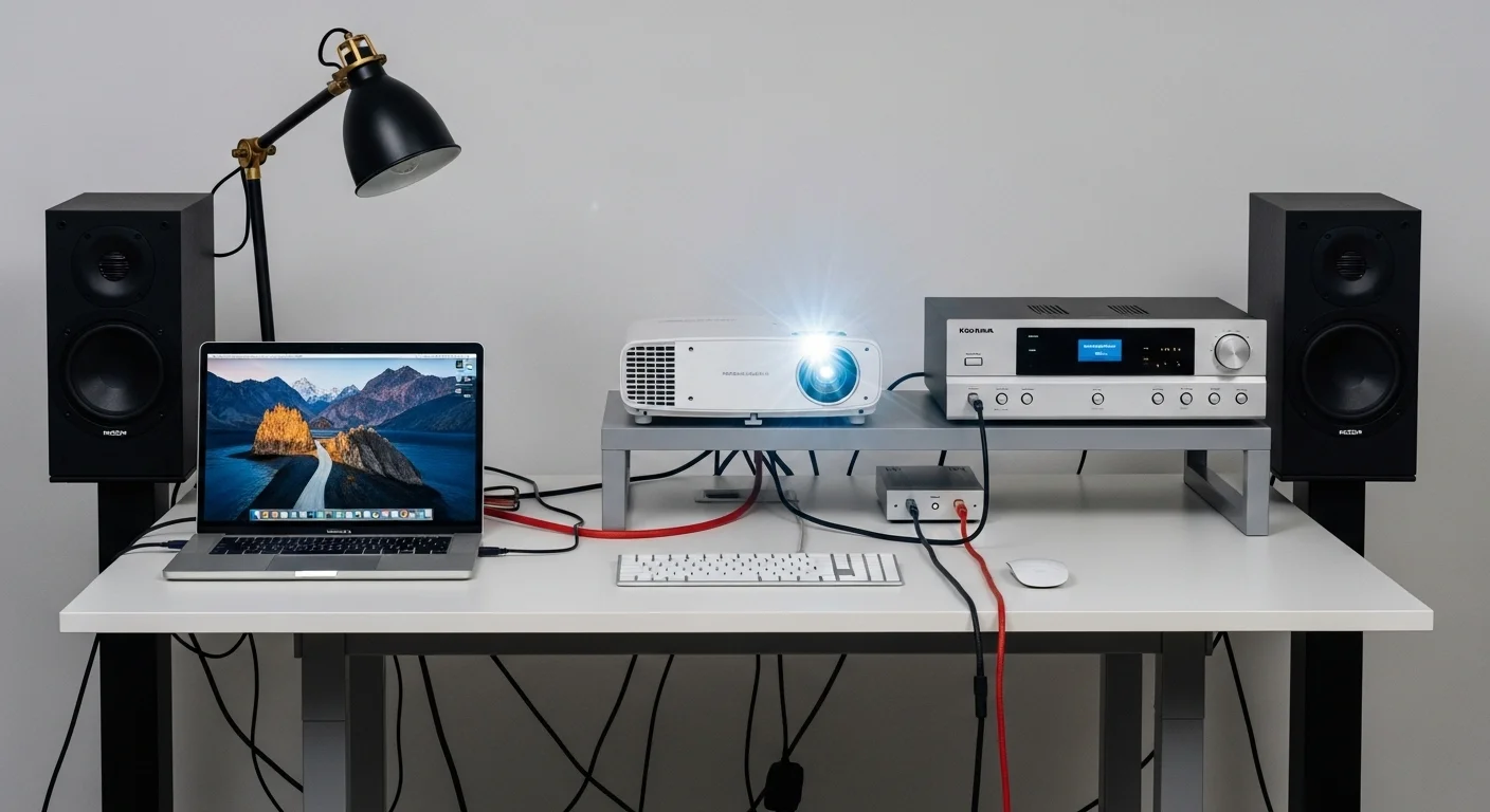 Escritorio de oficina moderno con una laptop conectada a un proyector y a un sistema de bocinas, destacando el uso de cables de audio para la conectividad.