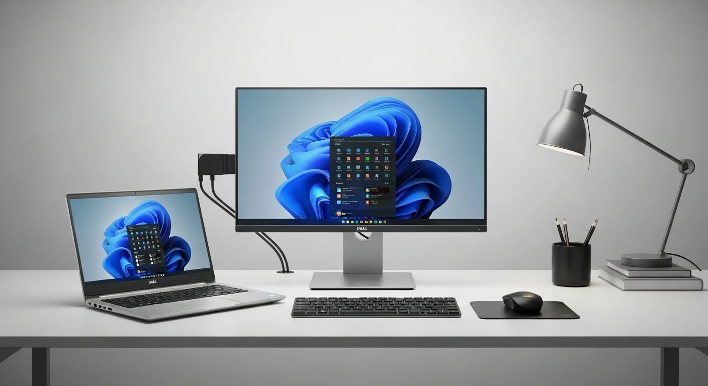 Un setup de oficina profesional con una computadora Dell Latitude 5511 conectada a un monitor y accesorios tecnológicos