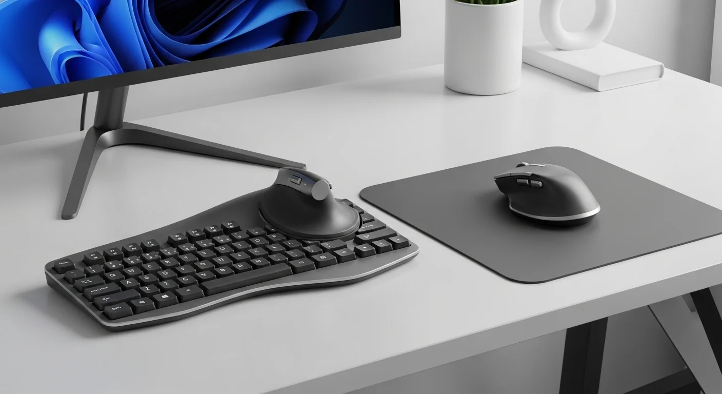 Configuración de oficina completa con un mouse ergonómico inalámbrico, teclado y un mouse pad ergonómico para máxima comodidad.