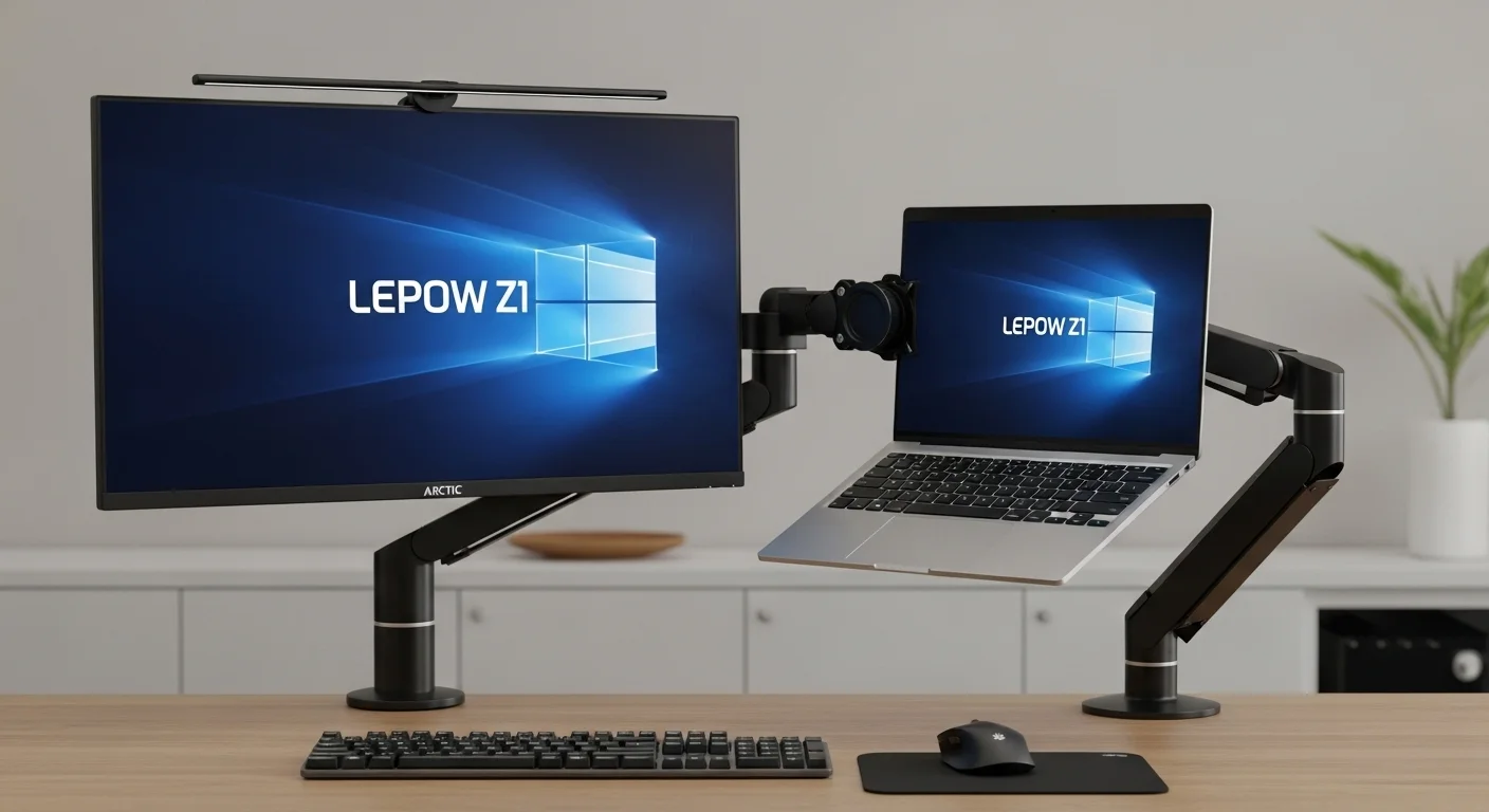 Setup de oficina ergonómico con un monitor principal y un monitor portátil Lepow Z1 en un brazo ARCTIC Z1 basic.