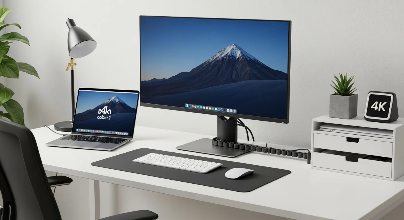 Escritorio de oficina elegante y moderno con una laptop, monitor externo 4K y una excelente gestión del cable 2, mostrando un espacio de trabajo limpio y profesional.