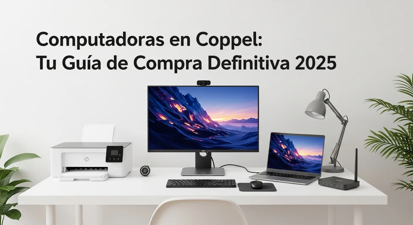 Un completo setup de oficina en casa con una computadora, monitor, impresora y modem, todo disponible en Coppel.