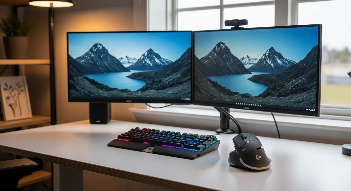 Un setup de oficina profesional con dos monitores, un teclado mecánico y el mouse Logitech MX Vertical, destacando un entorno de trabajo productivo y ergonómico.