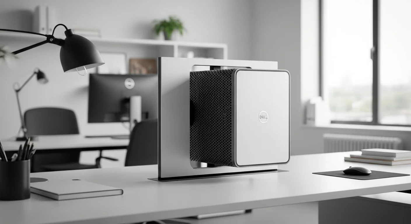 Escritorio de oficina minimalista y moderno con una computadora Dell OptiPlex 7090 UFF integrada en un soporte de monitor, destacando su diseño de cero huella.