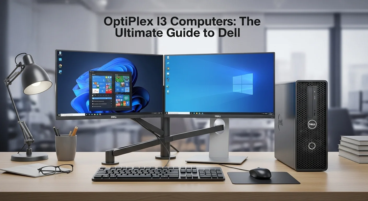 Un setup de oficina moderno y limpio con una computadora Dell Optiplex I3, teclado, ratón y monitor dual.