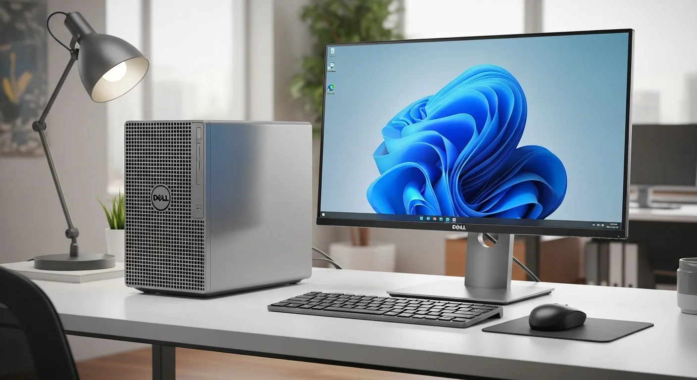 Escritorio de oficina con una computadora Dell OptiPlex 390 SFF, un monitor y periféricos, incluyendo un mouse ergonómico.