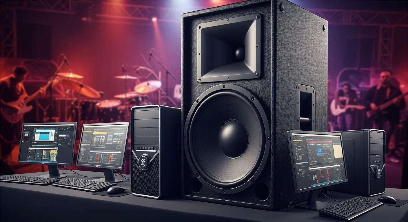 Primer plano de parlantes de 18 pulgadas para bajos junto a varias computadoras en un entorno de evento en vivo.