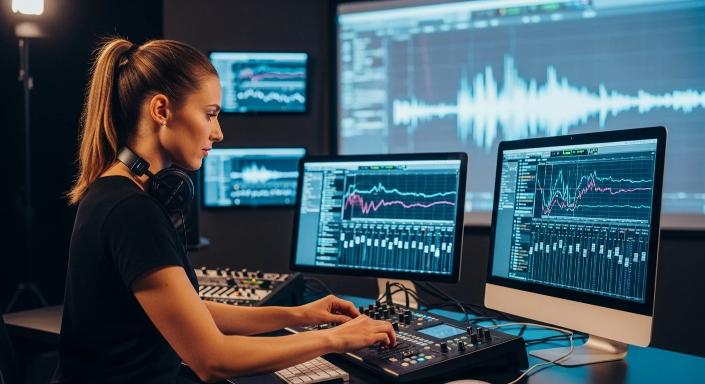 Técnico de sonido ajustando parámetros en un mezclador digital conectado a una computadora, con pantallas y proyectores al fondo