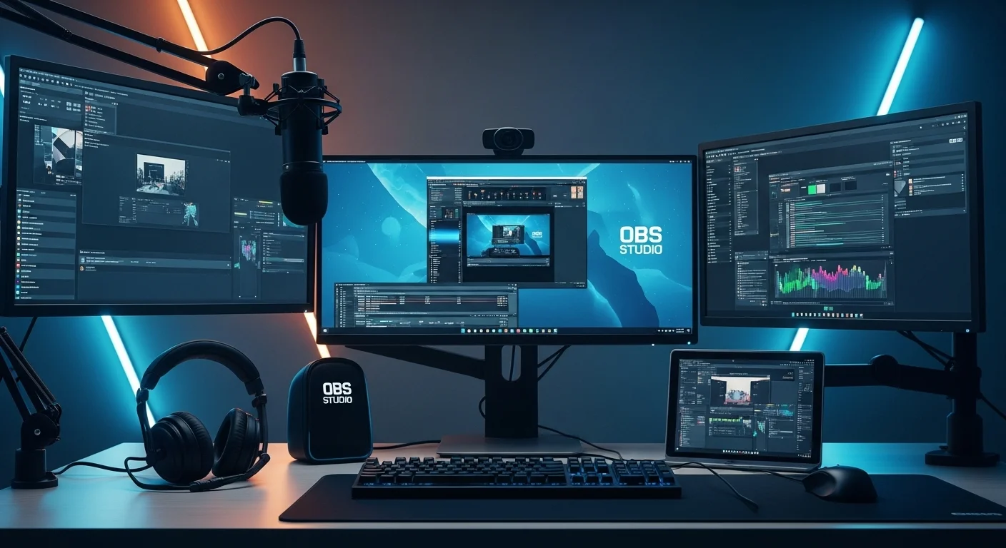 Escritorio de un creador de contenido con múltiples monitores, micrófono profesional, y la computadora ejecutando OBS Studio, listo para una transmisión en vivo.